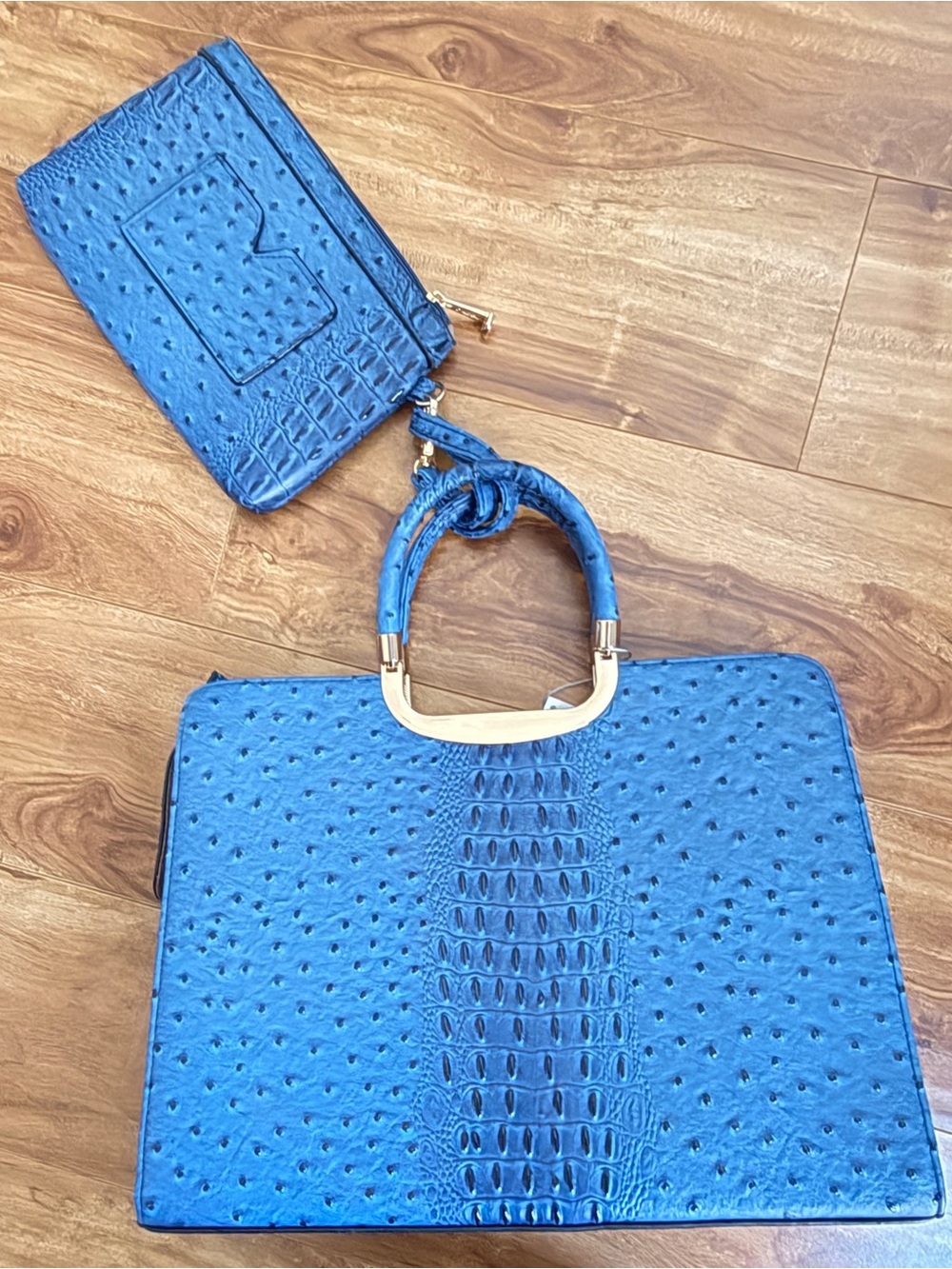 Dasein NWT Blue Ostrich Croc Embossed Satchel Handbag + Clutch